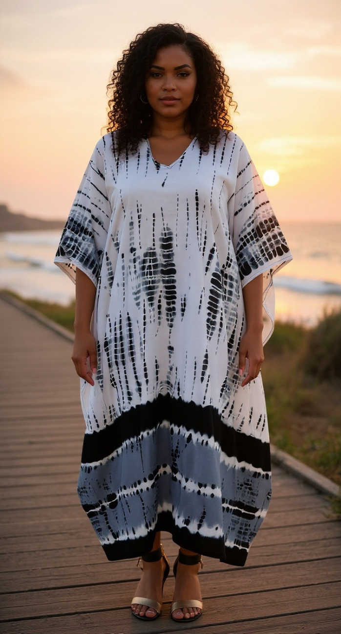 Tie Dye Printed Black Polyester Kaftan For Plus Size Women