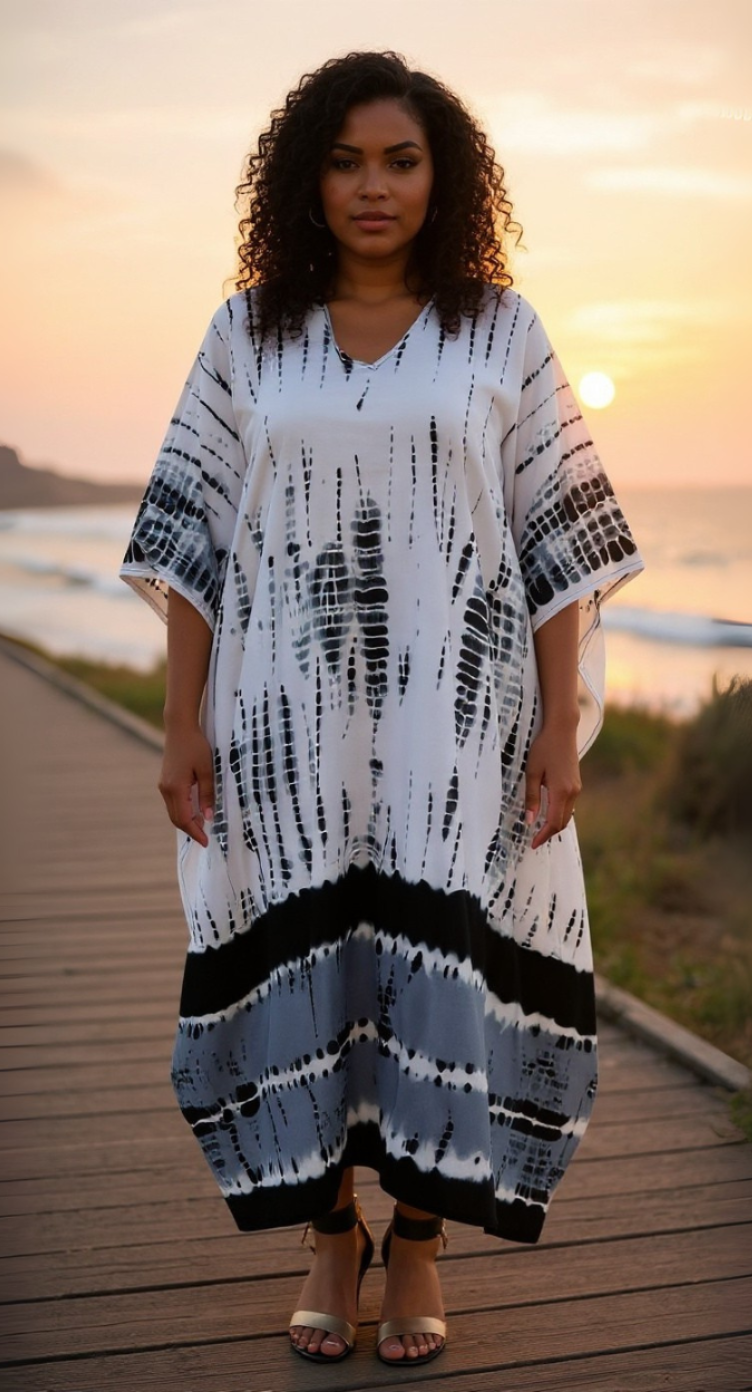 Tie Dye Printed Black Polyester Kaftan For Plus Size Women