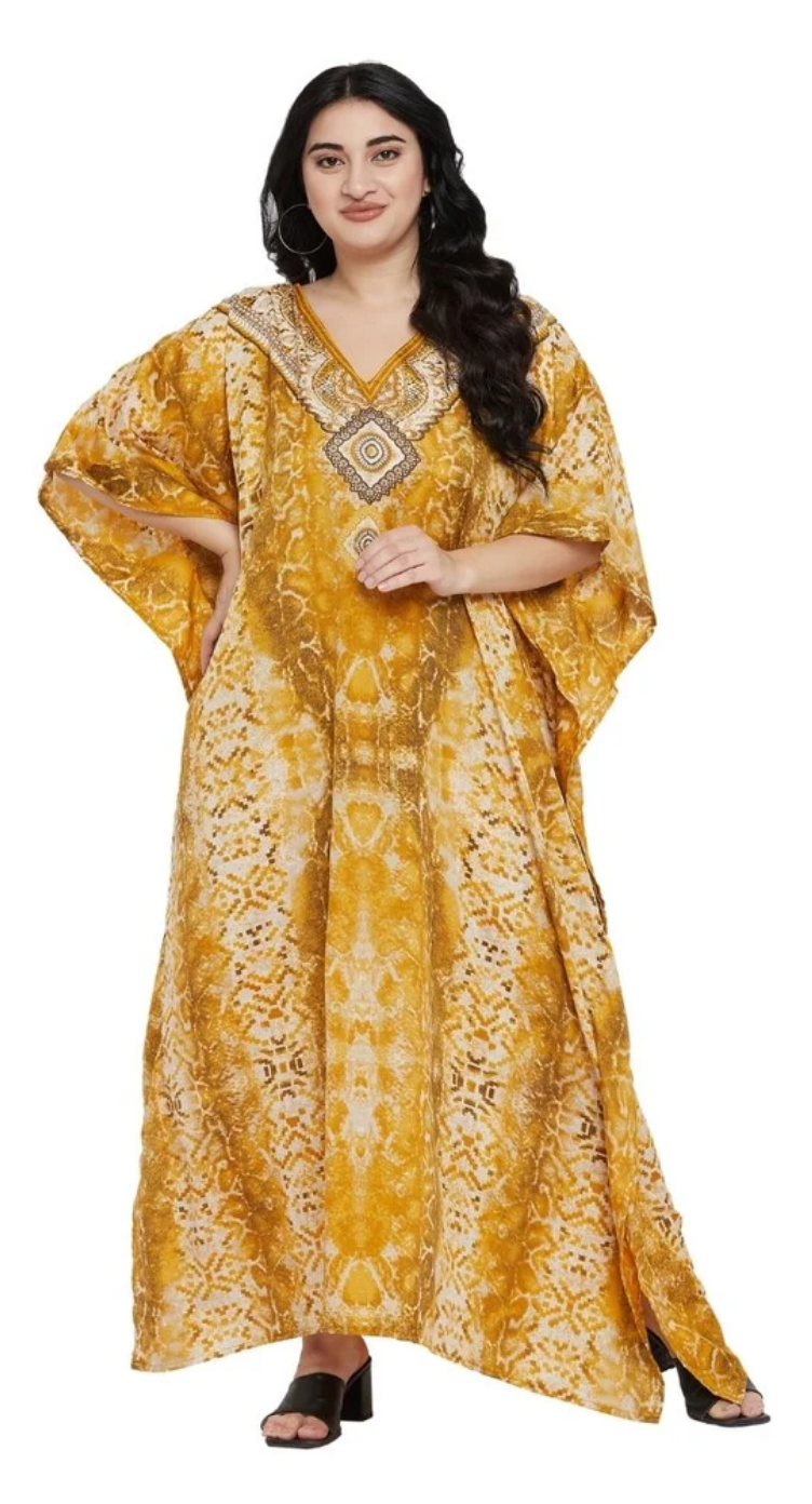 Yellow Dashiki Medallion Polyester Plus Size Kaftan for Women 1X-3X | GypsieBlu