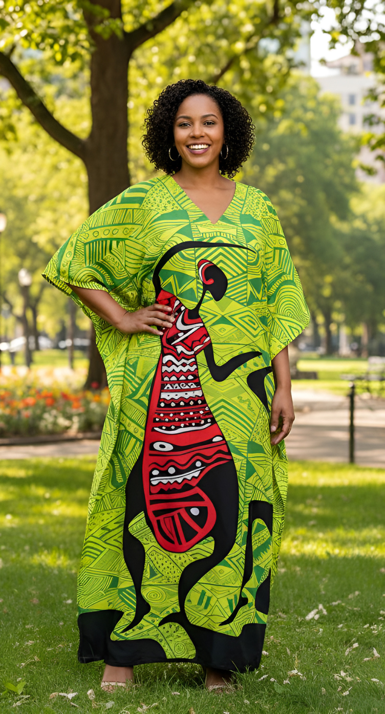 Green Polyester Kaftan Dress For Plus Size Women Tribal Printed
