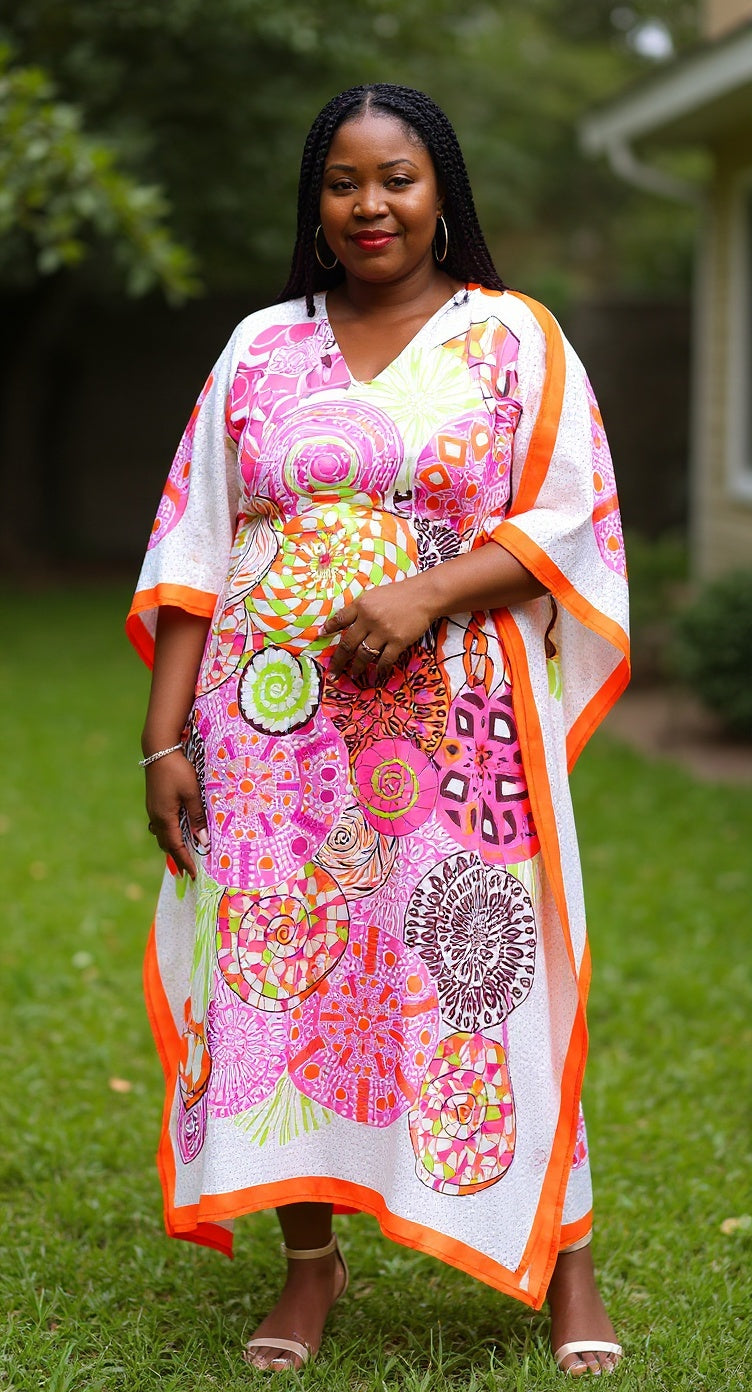 Mandala Print Pink Polyester Plus Size Kaftan Dress For Women