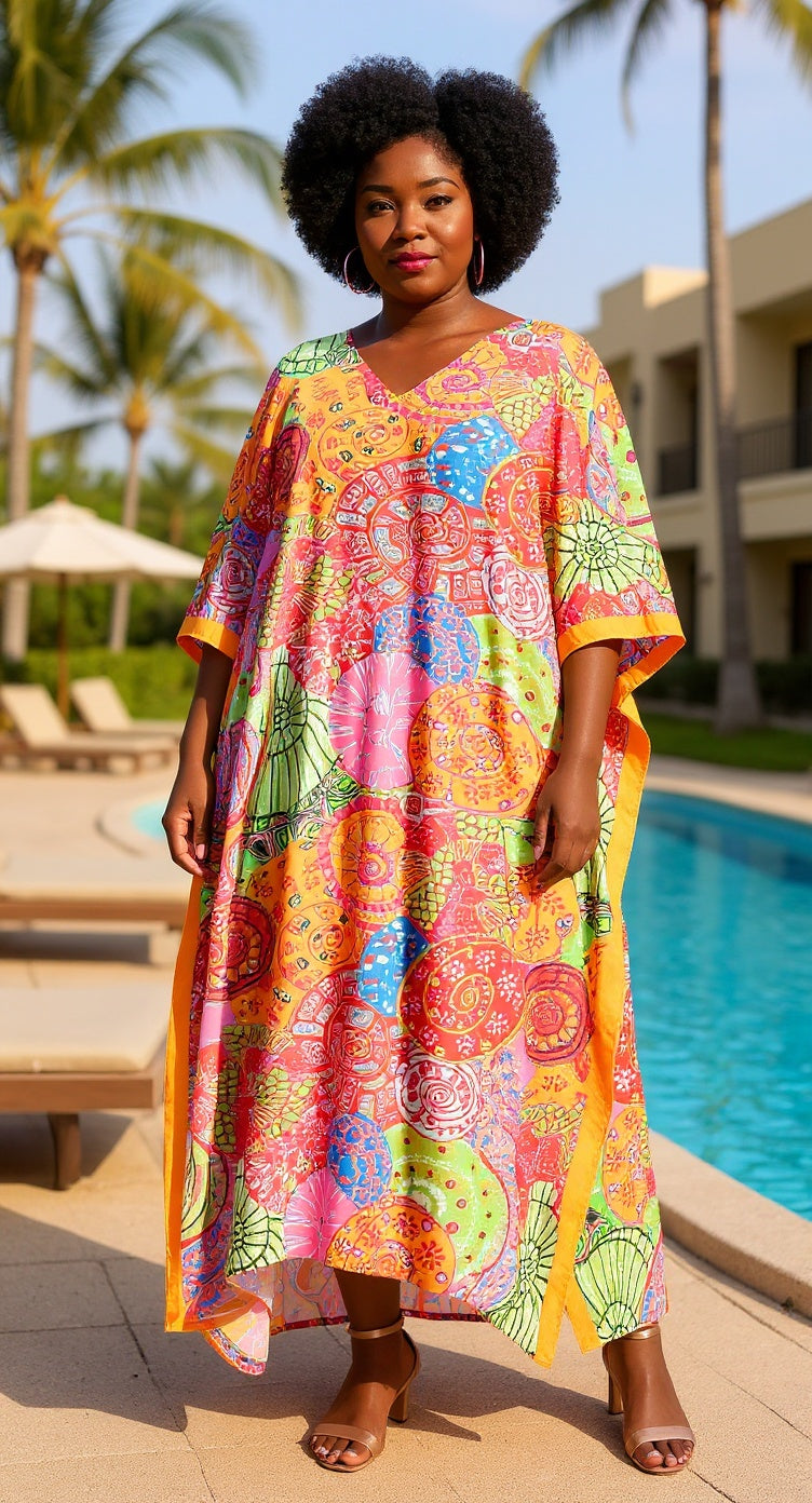 Mandala Print Multicolor Polyester Kaftan Plus Size Dress For Women
