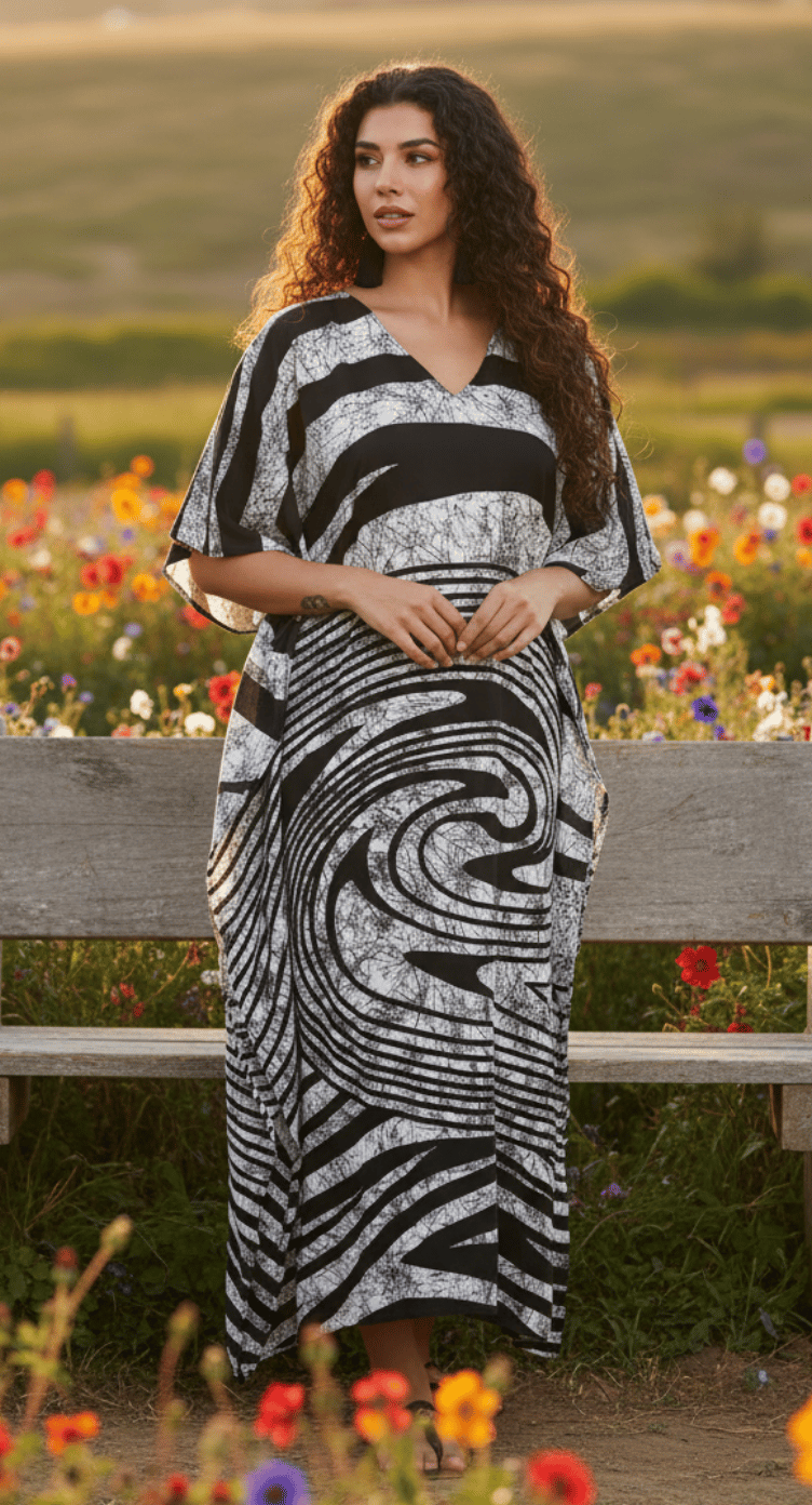 Black and white swirl batik colorblock plus size kaftan with V-neck and short kimono sleeves