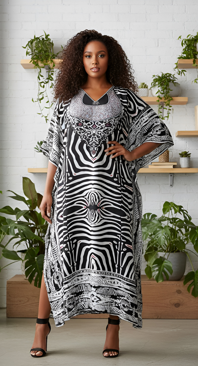 Digital Printed Black And White Polyester Kaftan For Plus Size Women