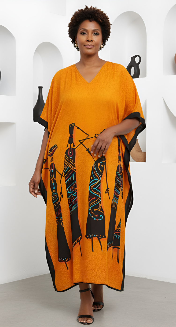 Orange Polyester Tribal Printed Plus Size Kaftan For Women