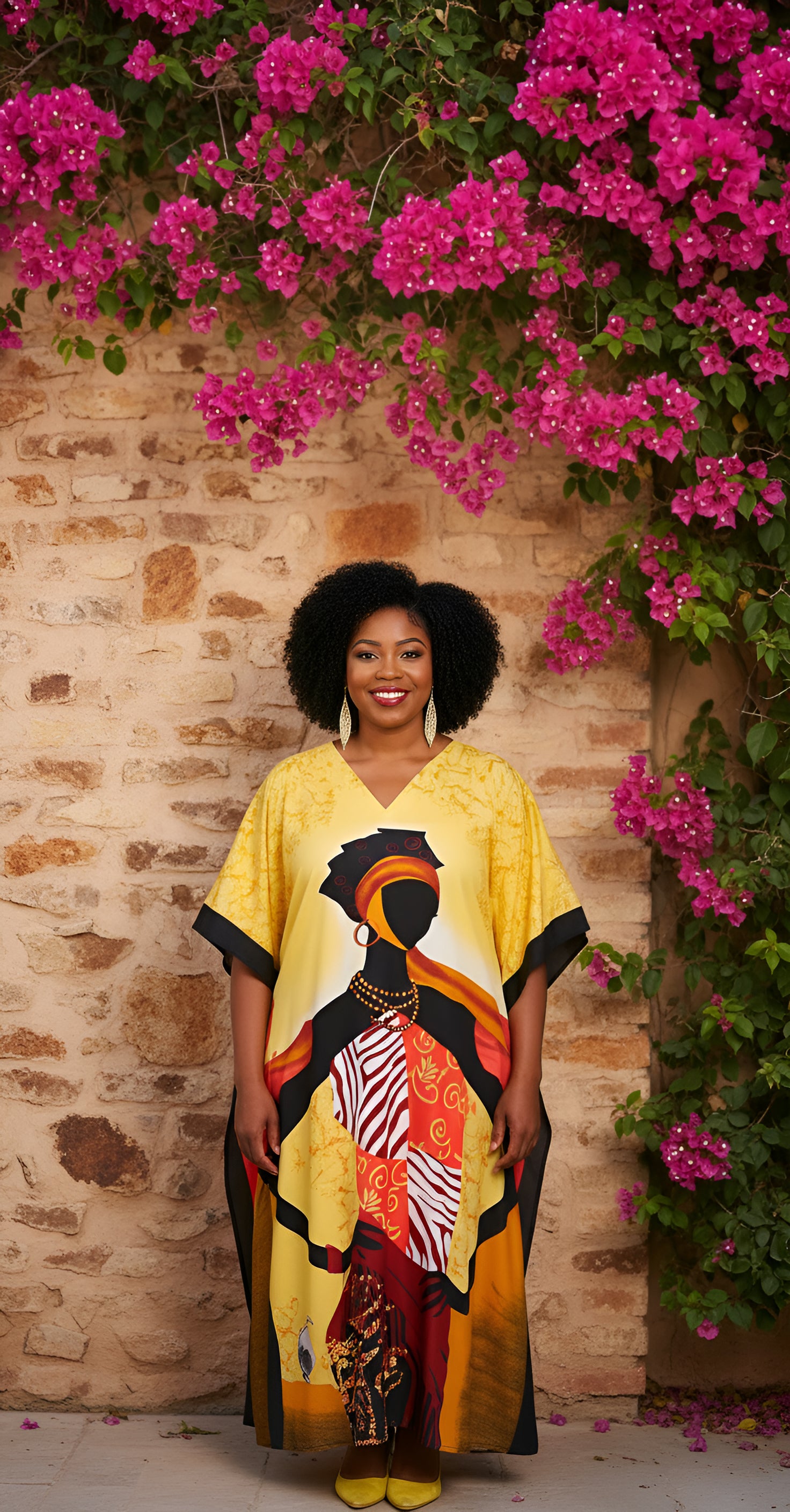Golden Dress Tribal Printed Polyester Kaftan For Plus Size Women
