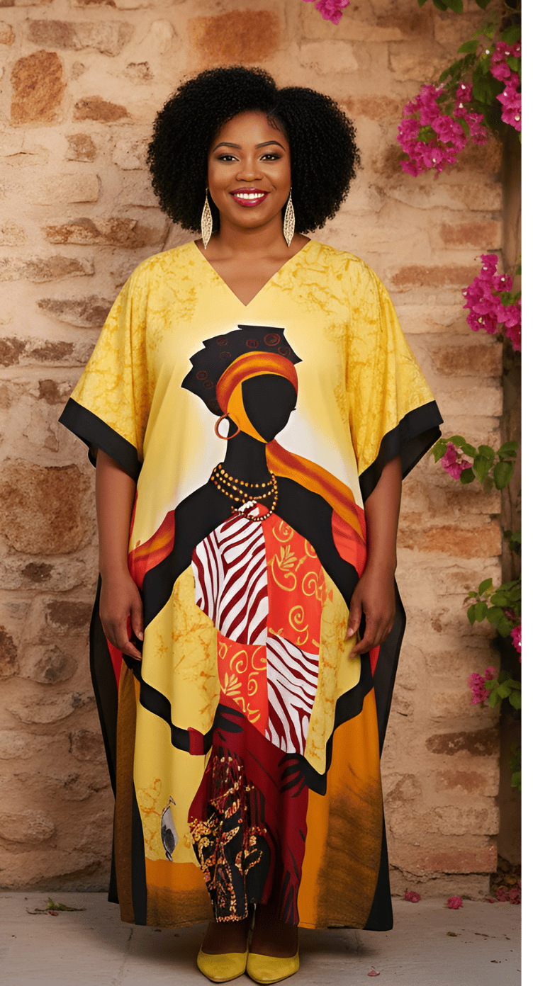 Yellow plus size kaftan with tribal woman silhouette print in orange and black, V-neck with contrast border