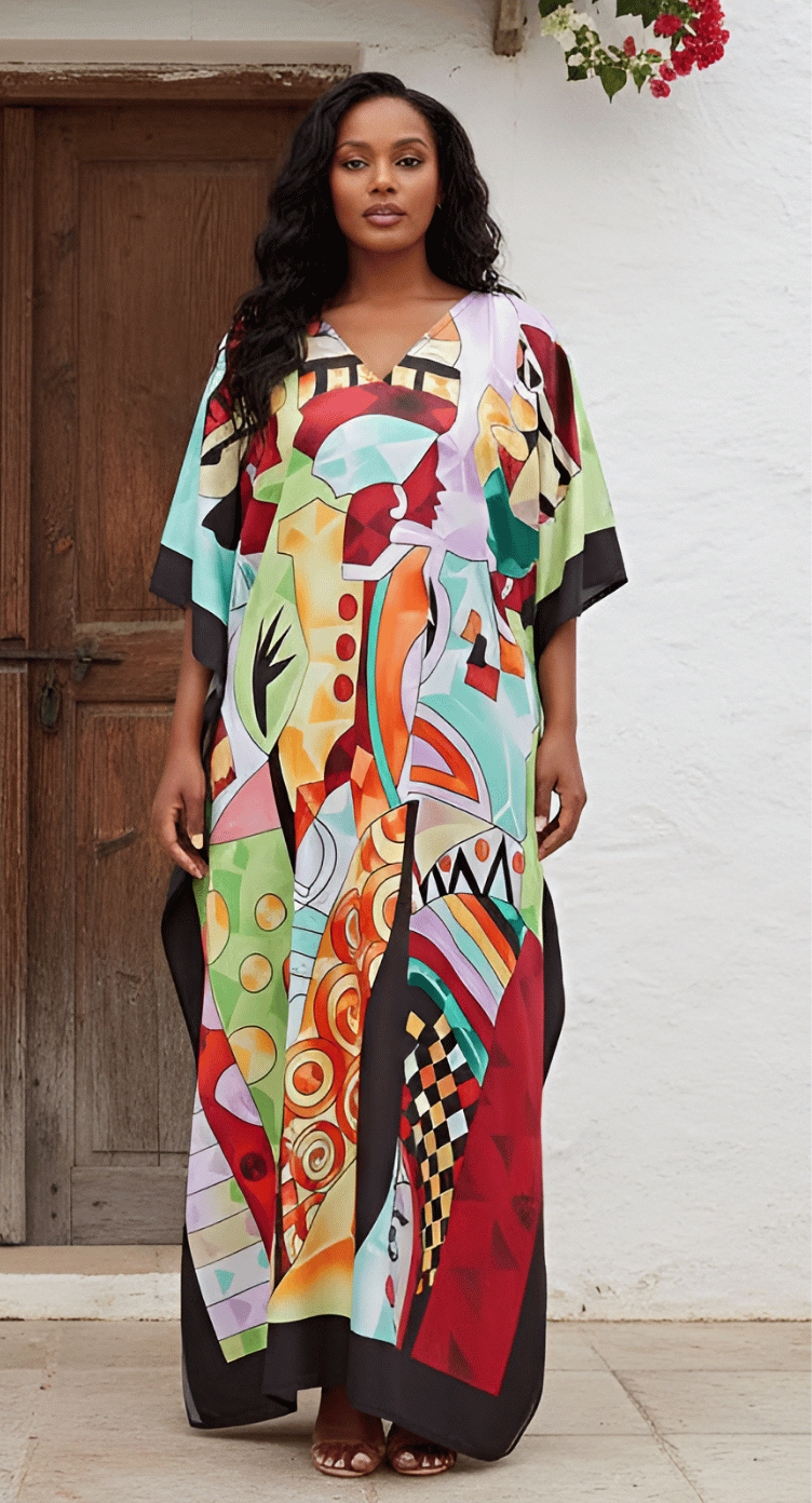 Multicolor cubist art print plus size kaftan with black border and V-neck