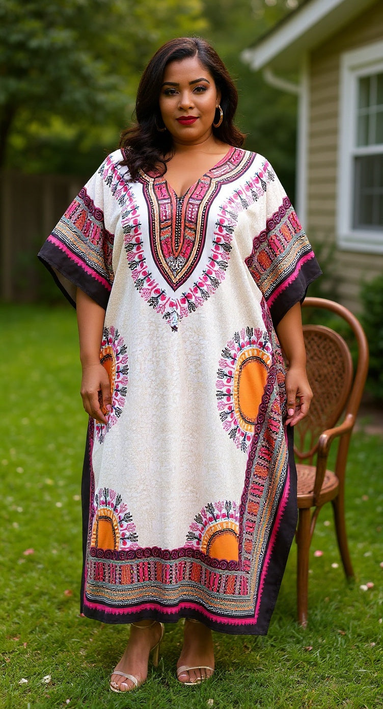 Beige Tribal Printed Polyester Plus Size Kaftan Dress For Women