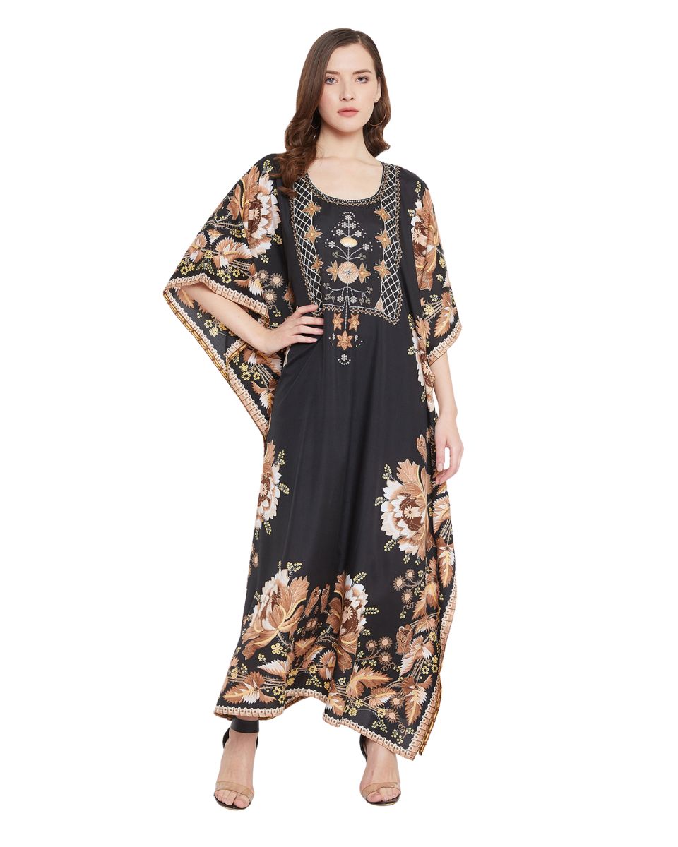 Floral Printed Black Polyester Kaftan Dress For Plus Size Women