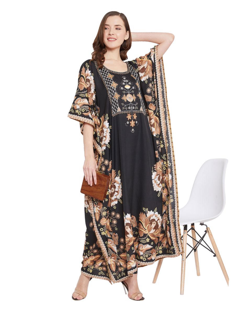 Floral Printed Black Polyester Kaftan Dress For Plus Size Women