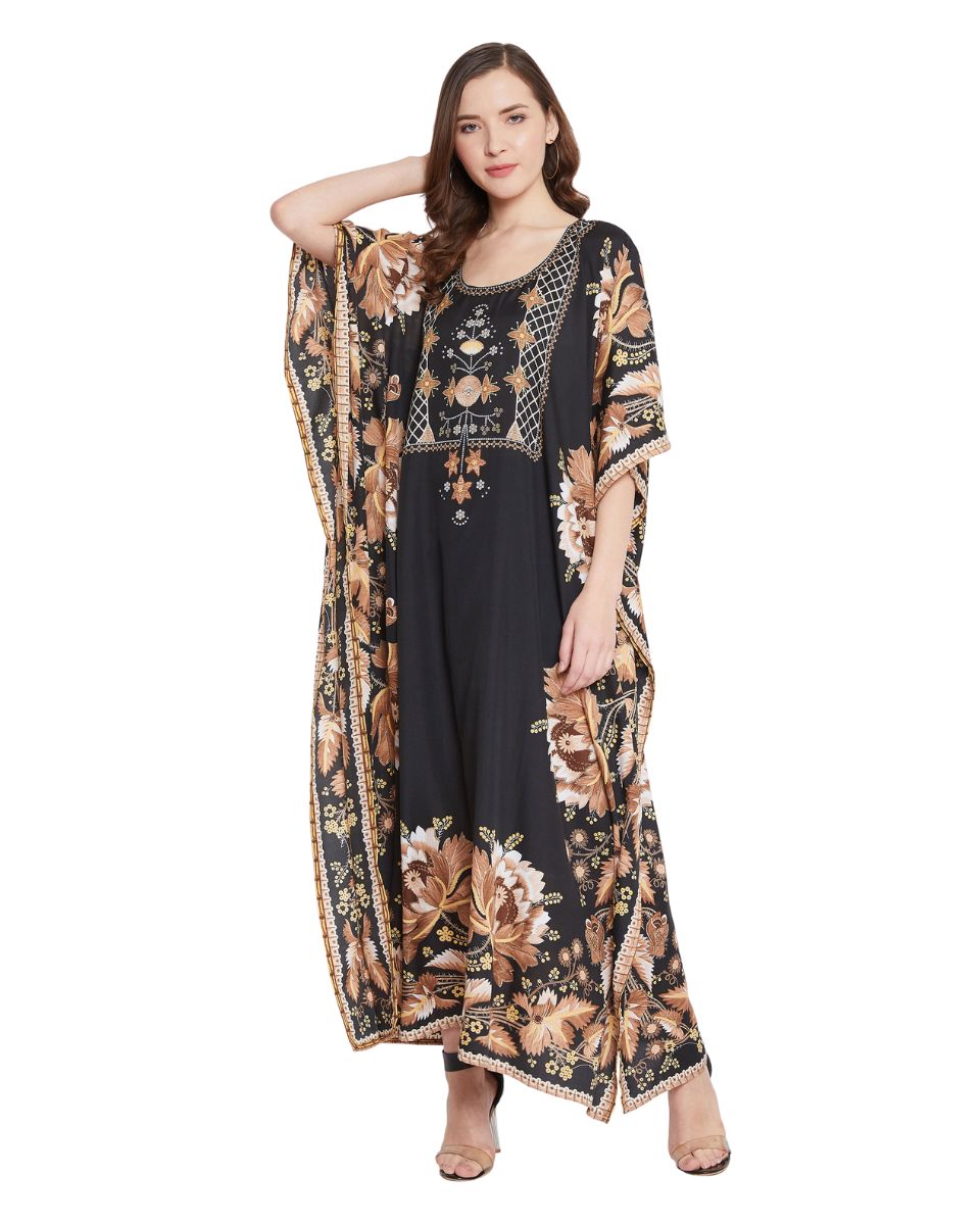 Floral Printed Black Polyester Kaftan Dress For Plus Size Women