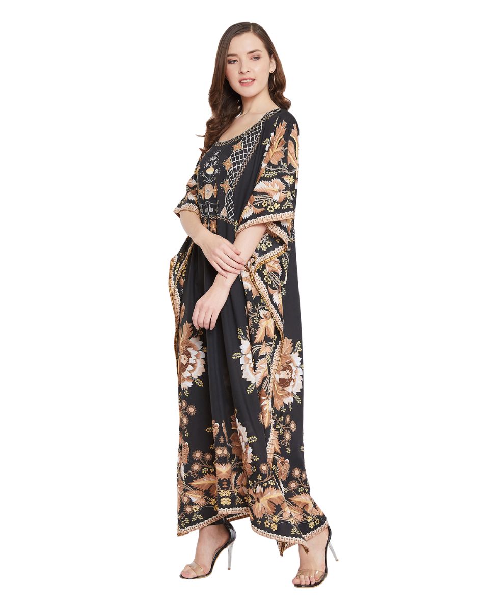 Floral Printed Black Polyester Kaftan Dress For Plus Size Women