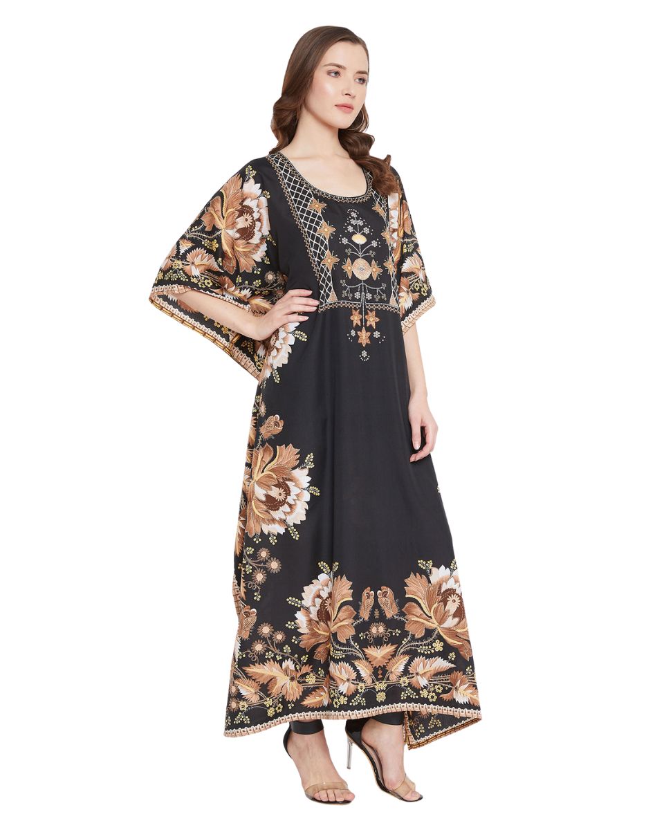 Floral Printed Black Polyester Kaftan Dress For Plus Size Women