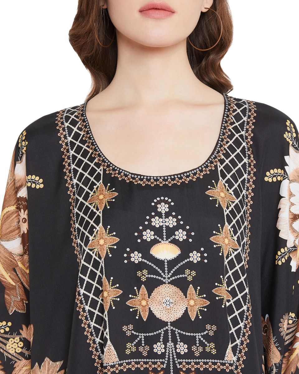 Floral Printed Black Polyester Kaftan Dress For Plus Size Women