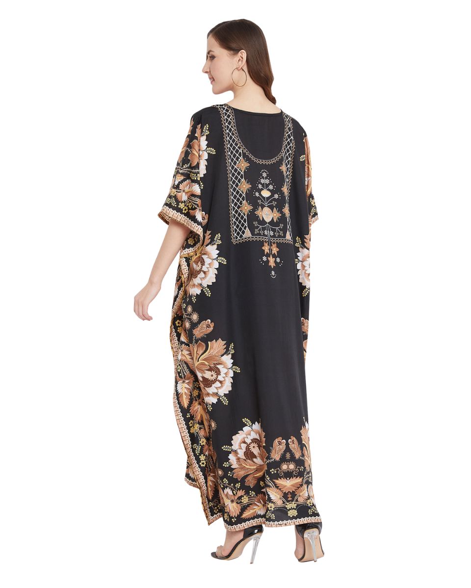 Floral Printed Black Polyester Kaftan Dress For Plus Size Women