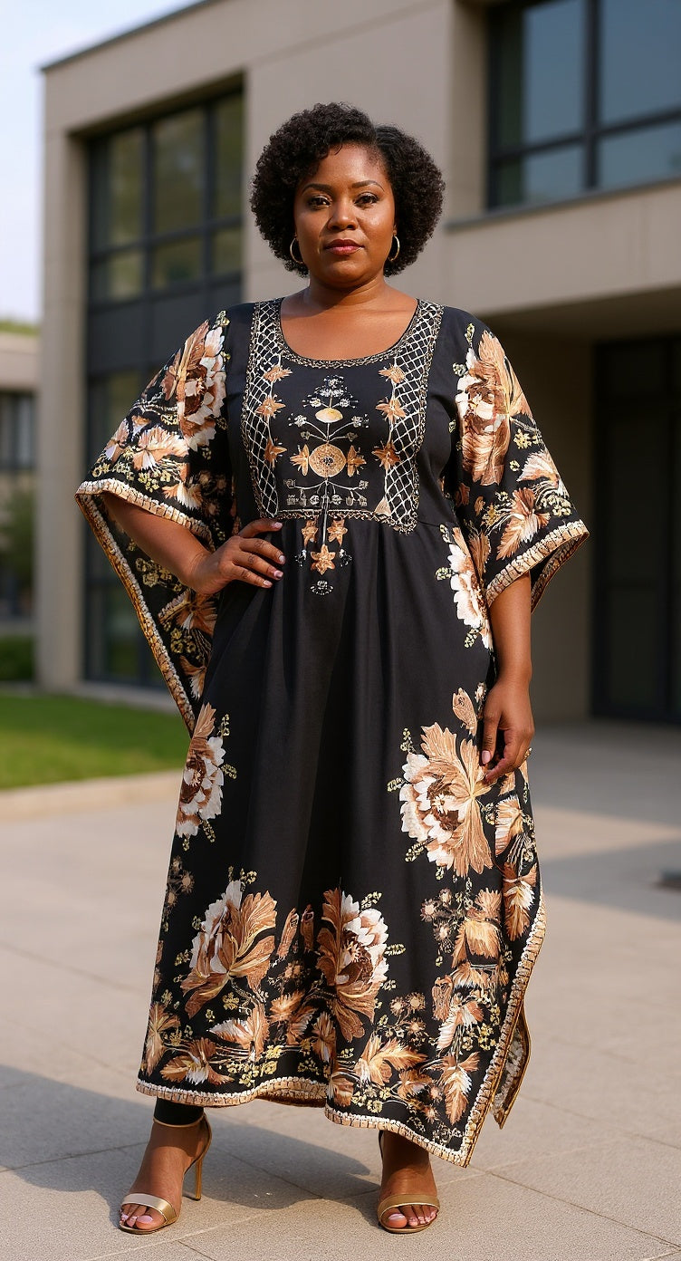 Floral Printed Black Polyester Kaftan Dress For Plus Size Women