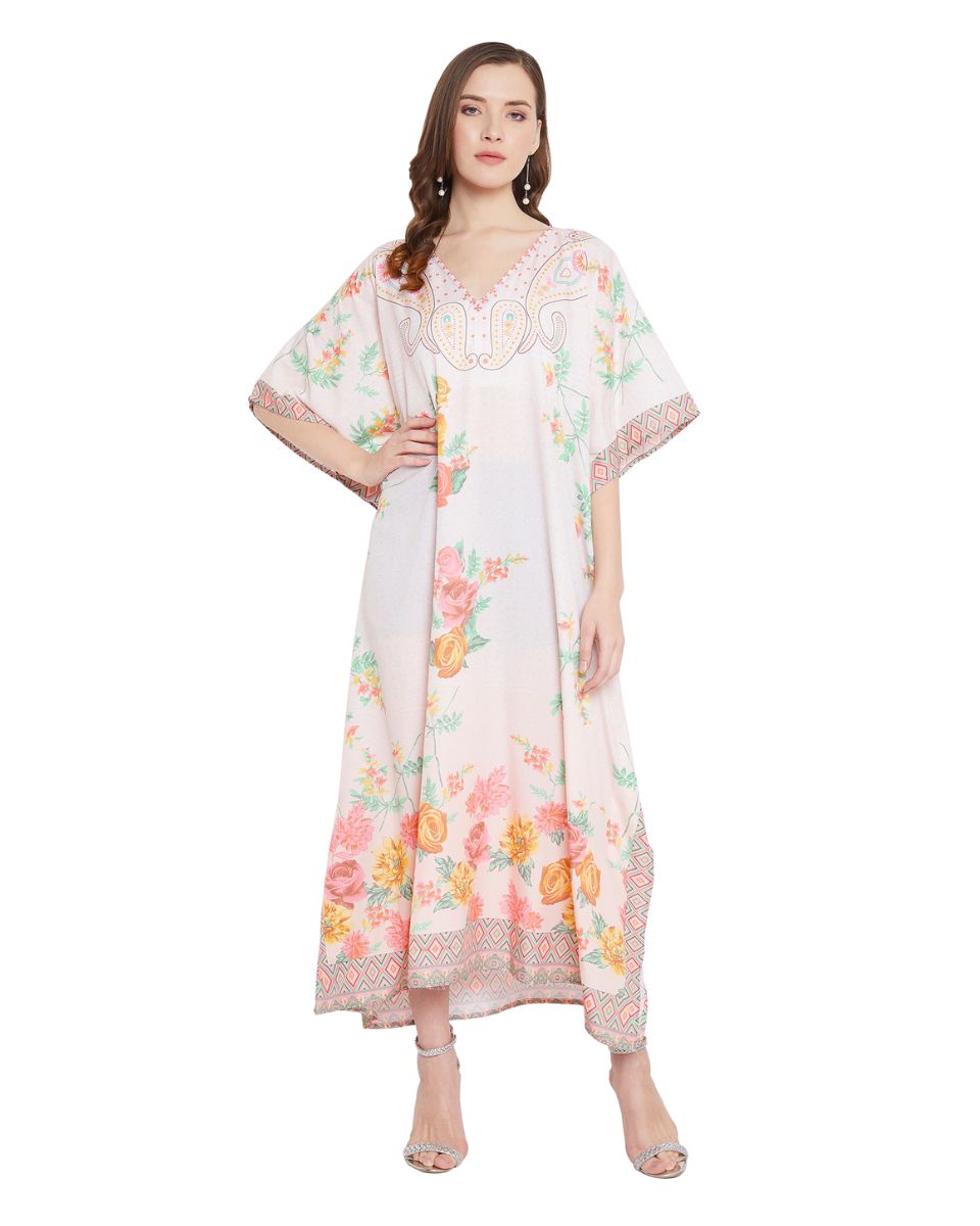 Floral And Paisley Print Multicolor Polyester Plus Size Kaftan For Women