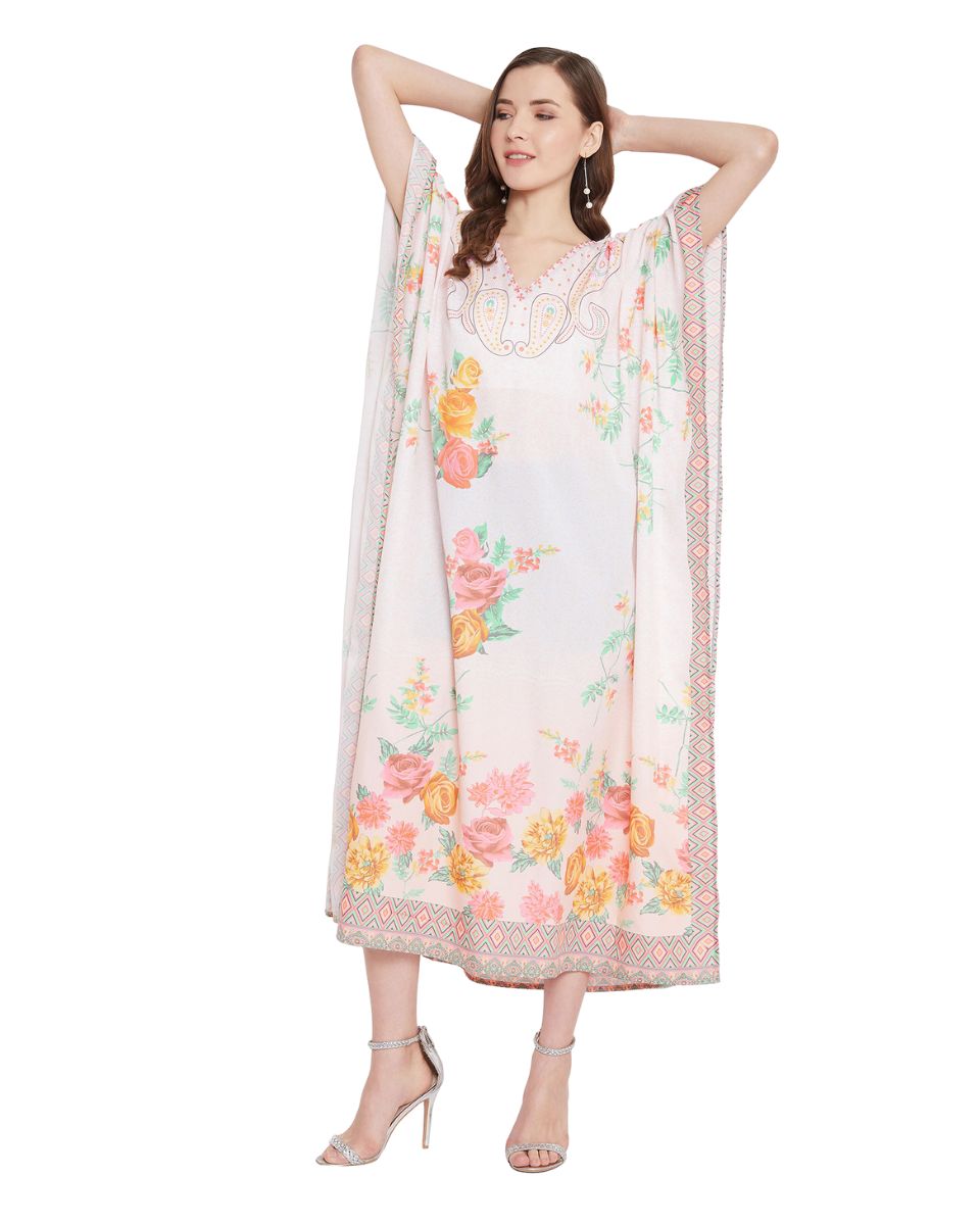 Floral And Paisley Print Multicolor Polyester Plus Size Kaftan For Women