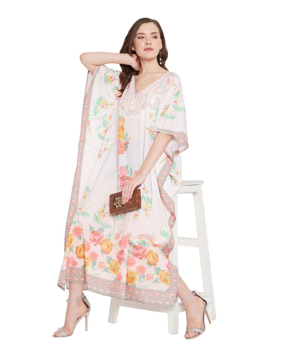 Floral And Paisley Print Multicolor Polyester Plus Size Kaftan For Women