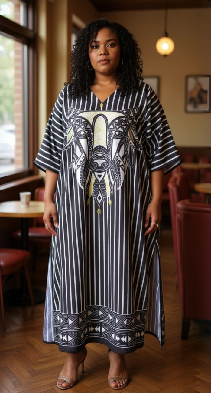 Stripe Animal Printed Black Polyester Kaftan For Women