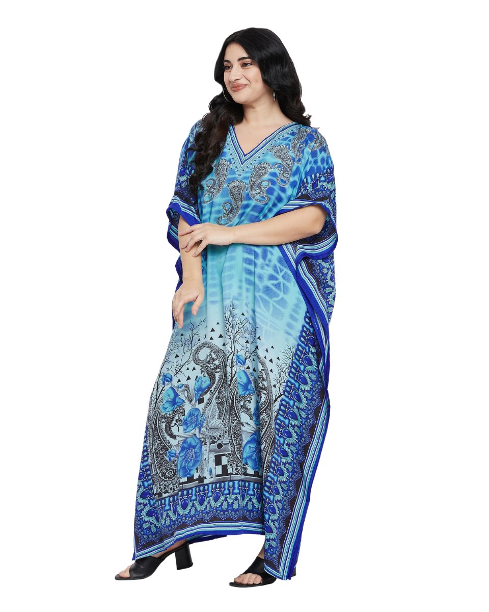 Color Turquoise Paisley Print Polyester Plus Size Kaftan For Women