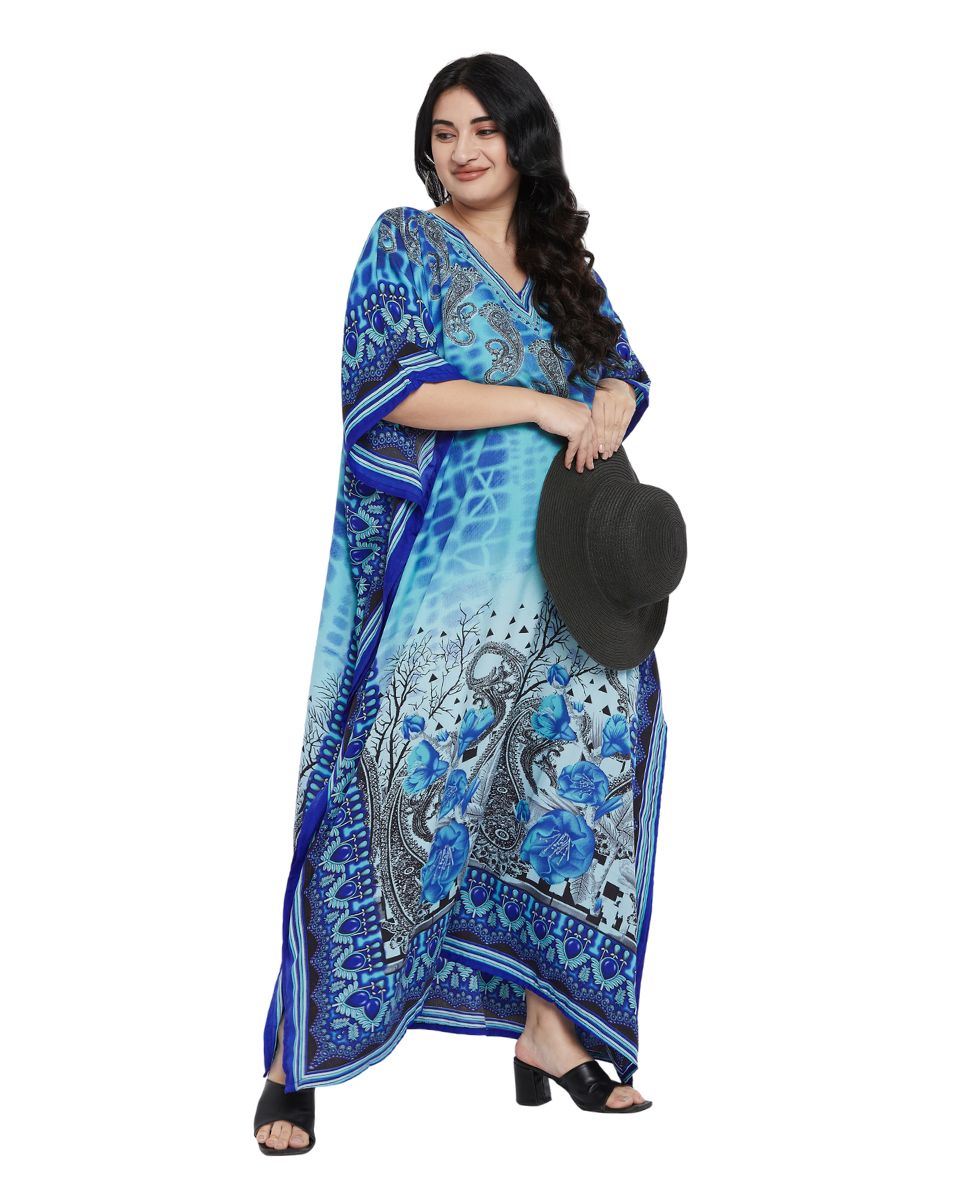 Color Turquoise Paisley Print Polyester Plus Size Kaftan For Women