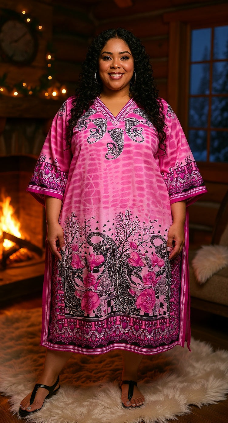 Paisley Printed Pink Plus Size Polyester Kaftan Dress For Women