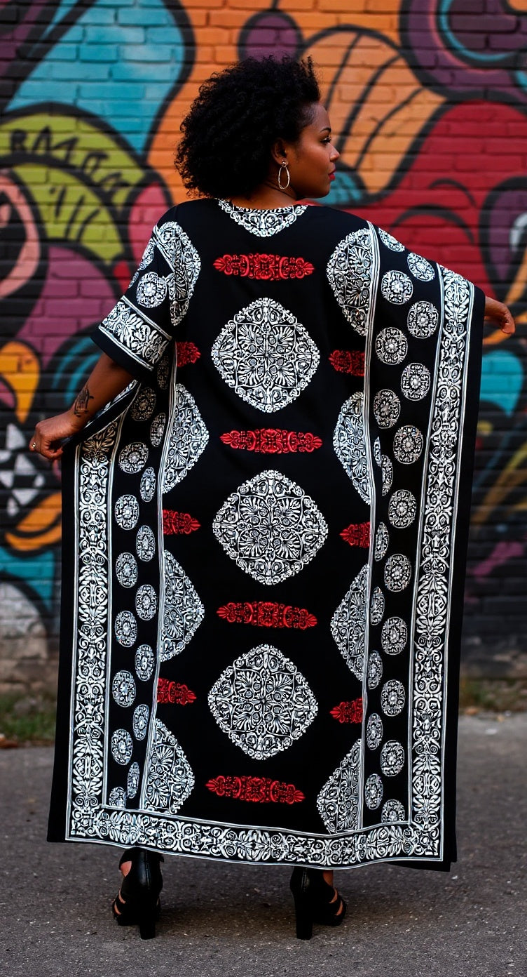 Floral Printed Black Polyester Kaftan Dress For Plus Size Women