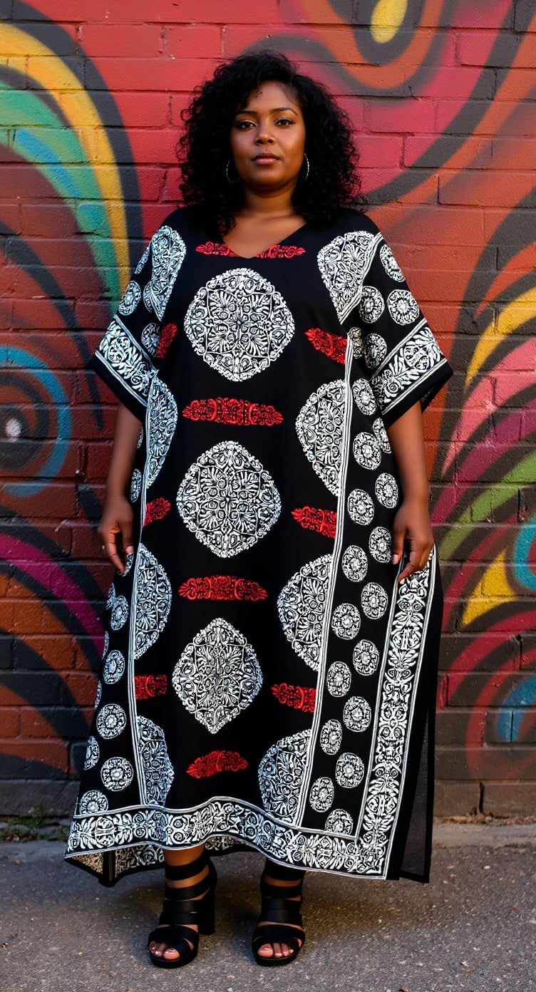 Floral Printed Black Polyester Kaftan Dress For Plus Size Women