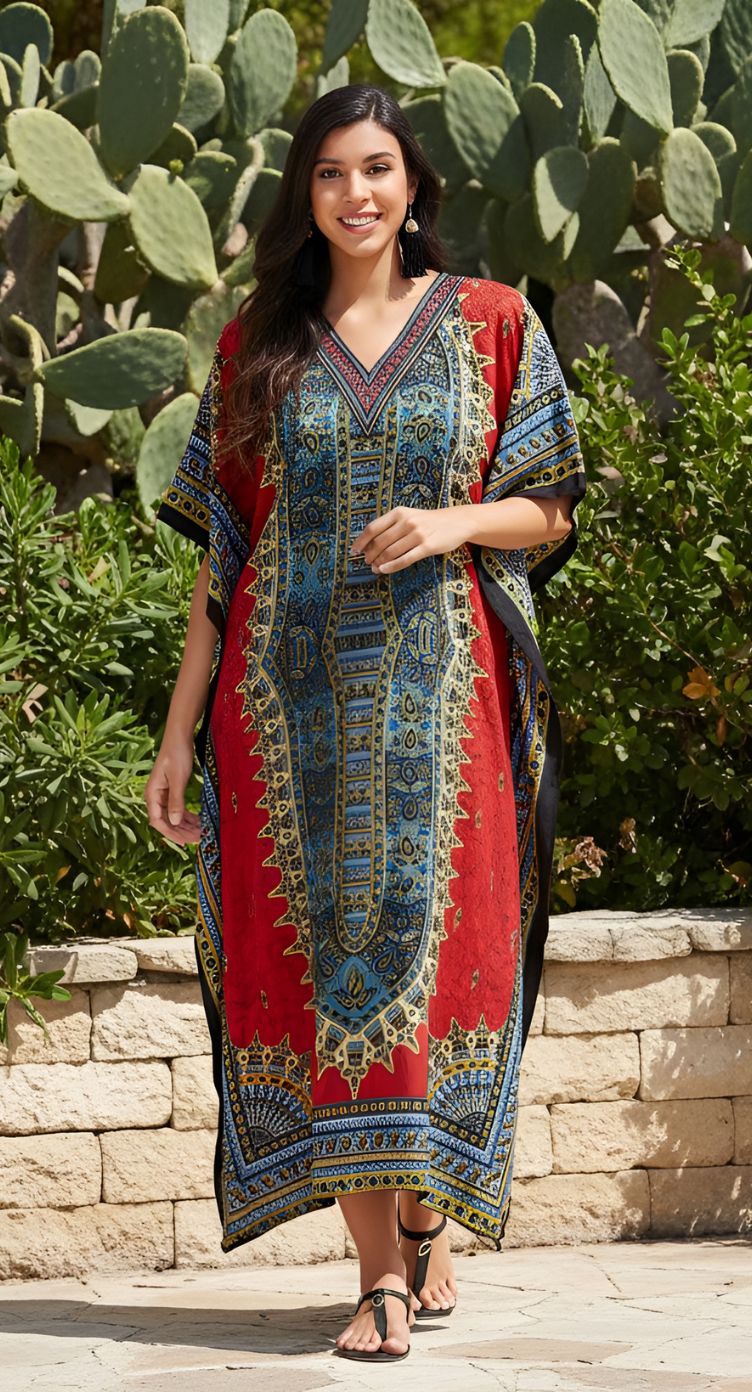 Red Tribal Printed Polyester Plus Size Kaftan Dress For Women