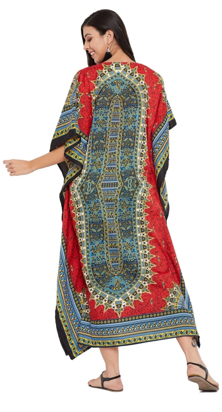 Red & Blue Dashiki Medallion Polyester Plus Size Kaftan for Women 1X-3X | GypsieBlu