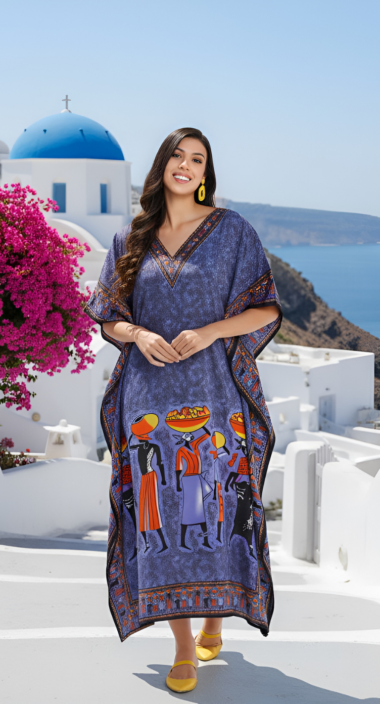 Purple Tribal Printed Polyester Kaftan For Plus Size Women