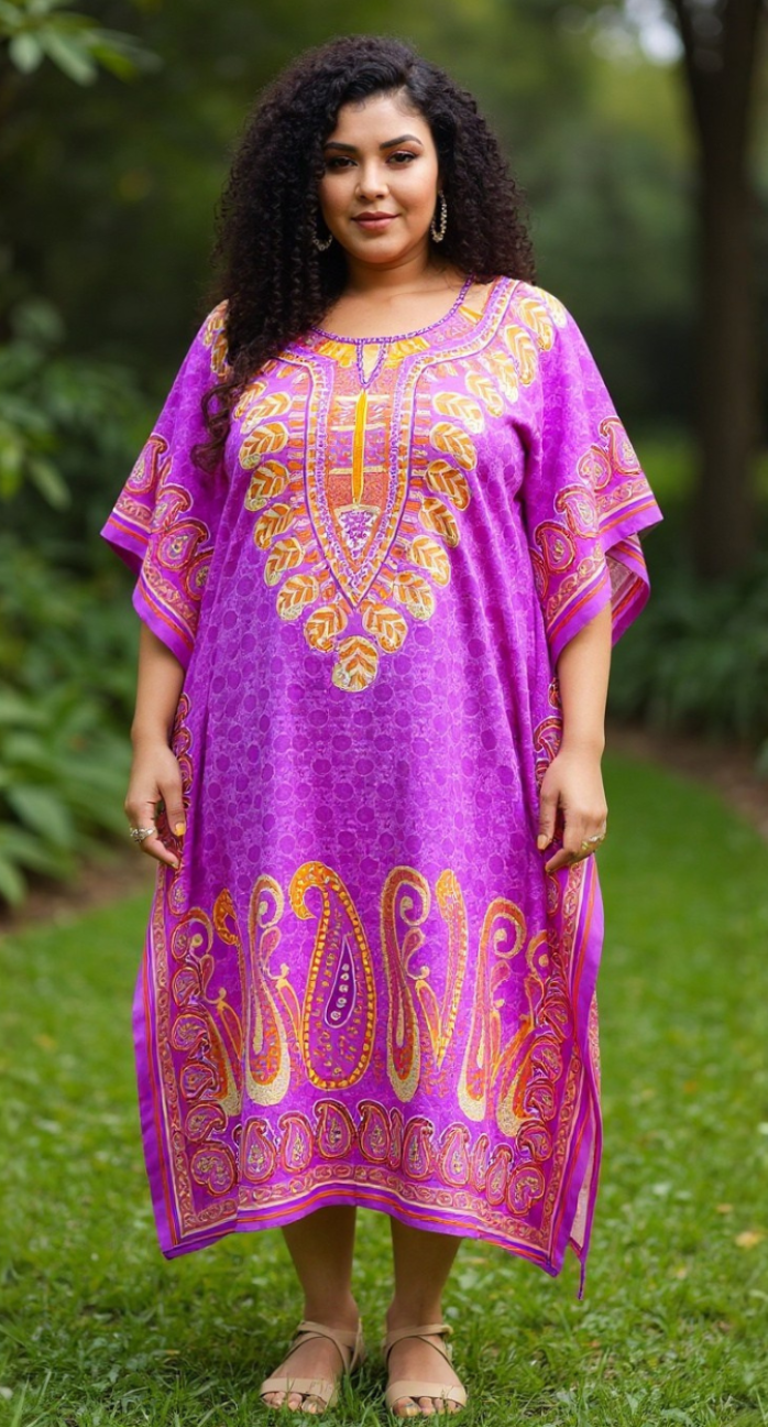 Paisley Printed Purple Polyester Kaftan Plus Size Dress For Women