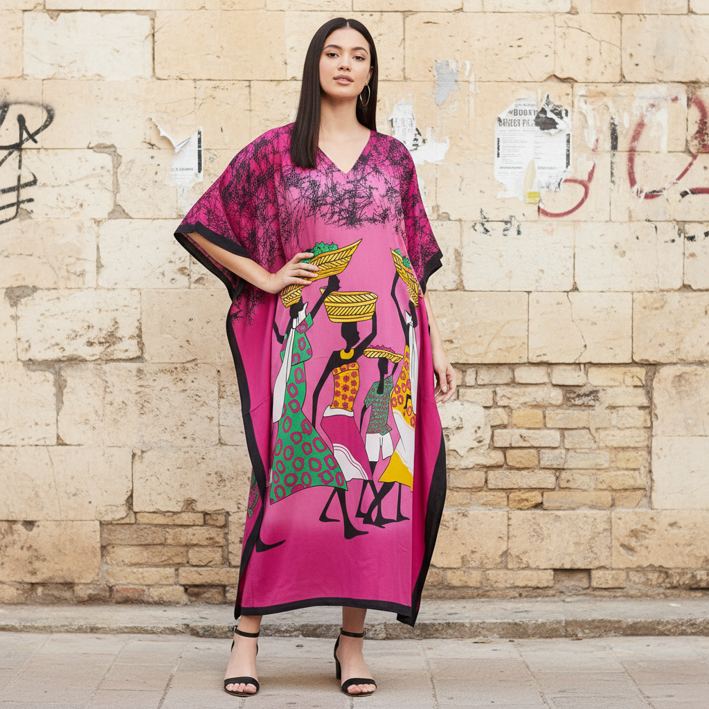Pink Tribal Printed Polyester Kaftan For Plus Size Women