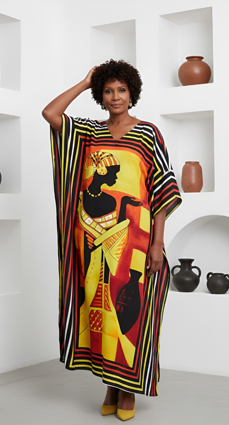 Tribal Print Multicolor Polyester Plus Size Kaftan Dress