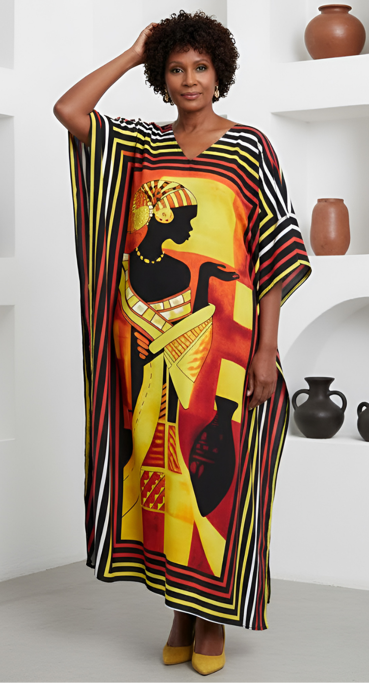 Yellow, red and black plus size kaftan with tribal woman figure print and striped border