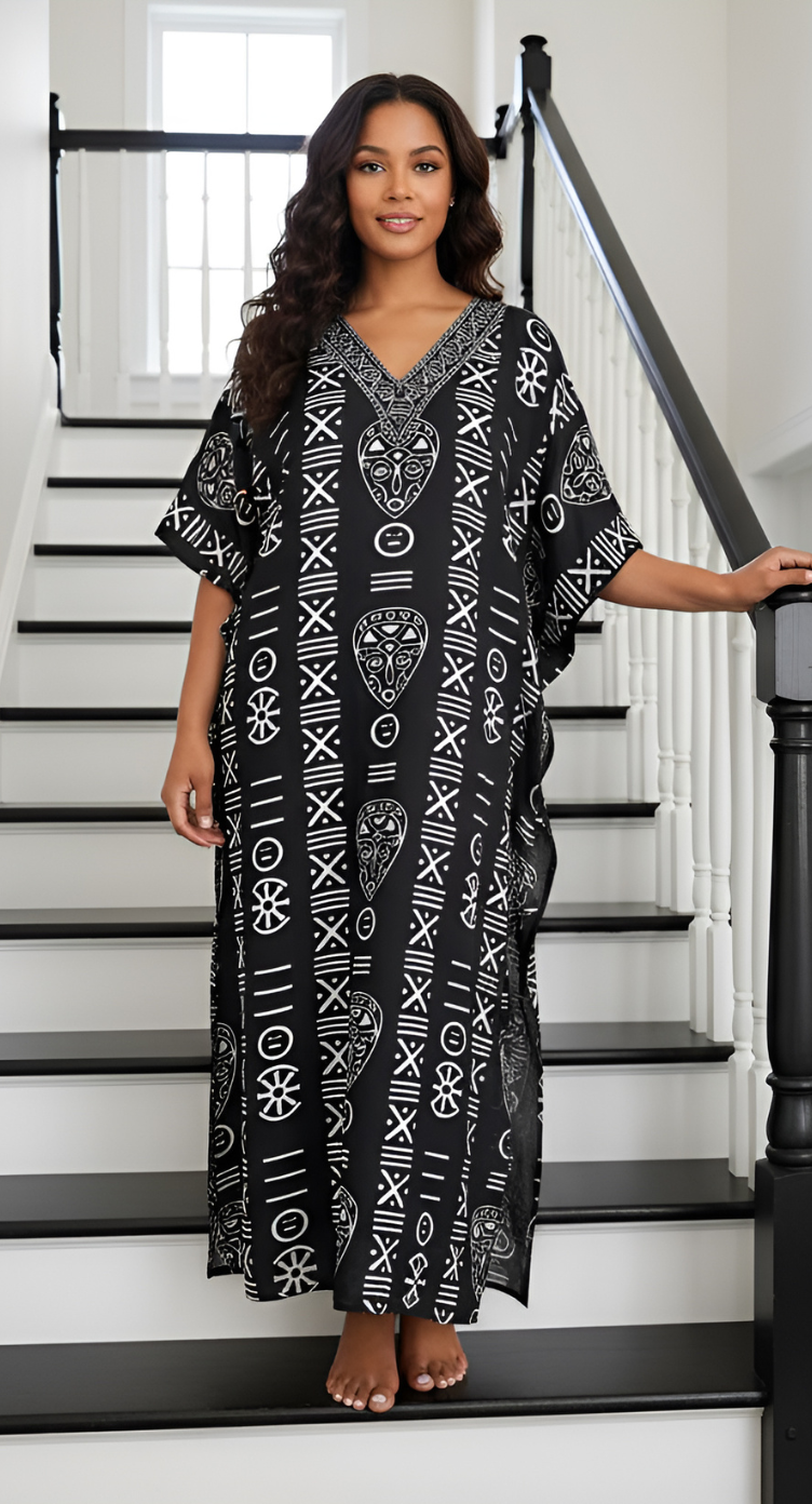 Polyester Black Tribal Printed Plus Size Kaftan For Women