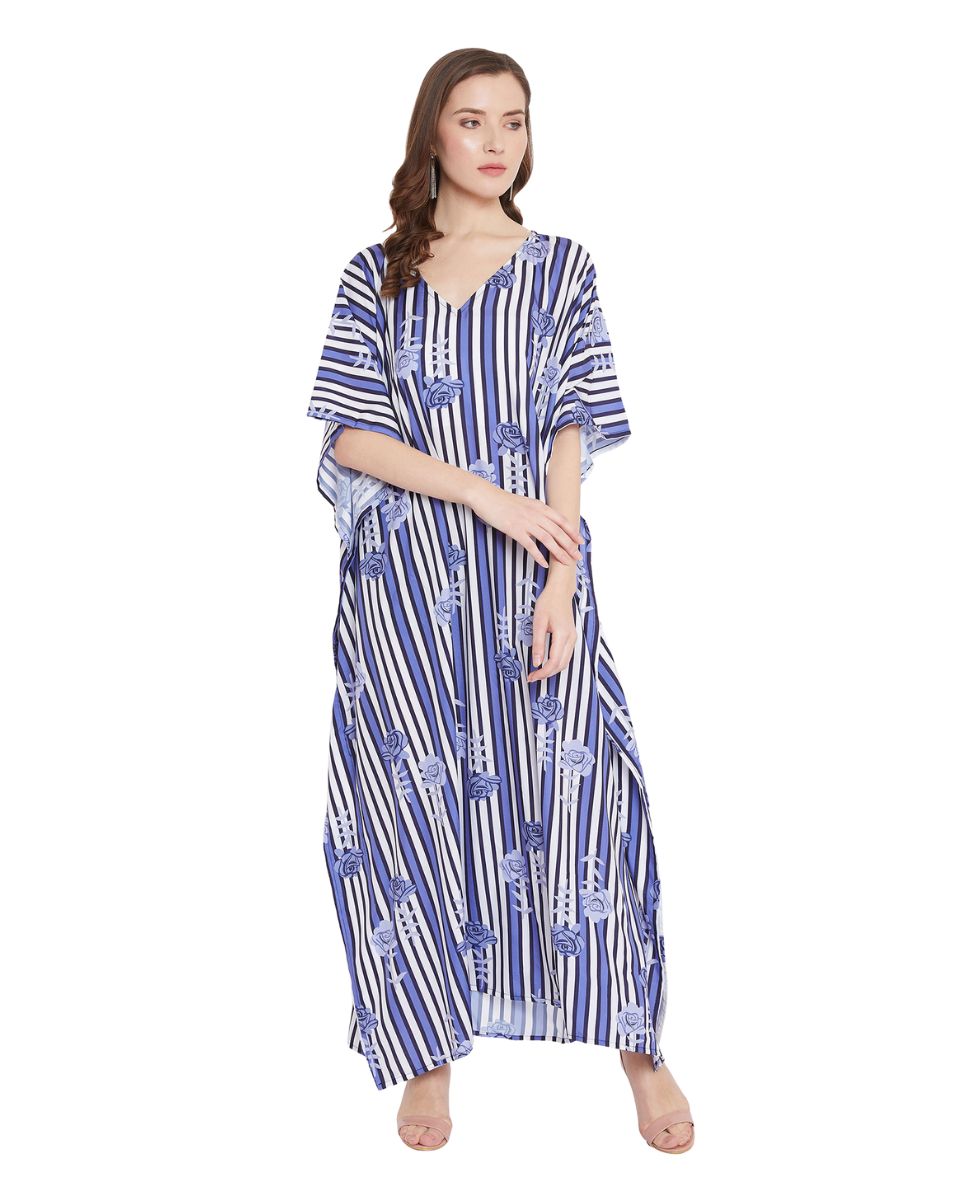 Floral And Strip Print Blue And white Polyester Kaftan For Plus Size Women