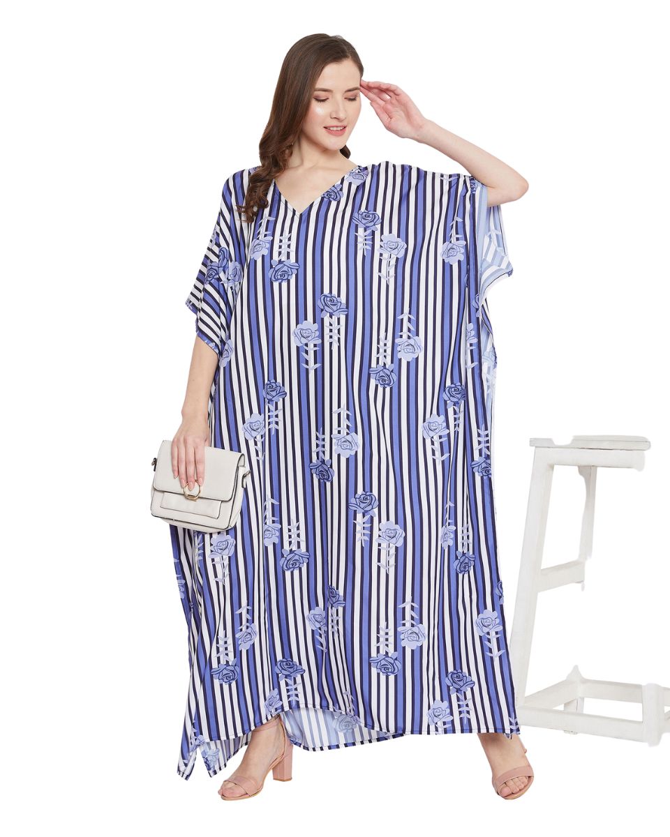 Floral And Strip Print Blue And white Polyester Kaftan For Plus Size Women