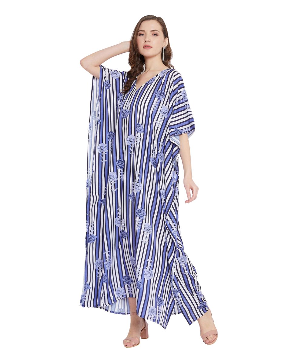 Floral And Strip Print Blue And white Polyester Kaftan For Plus Size Women