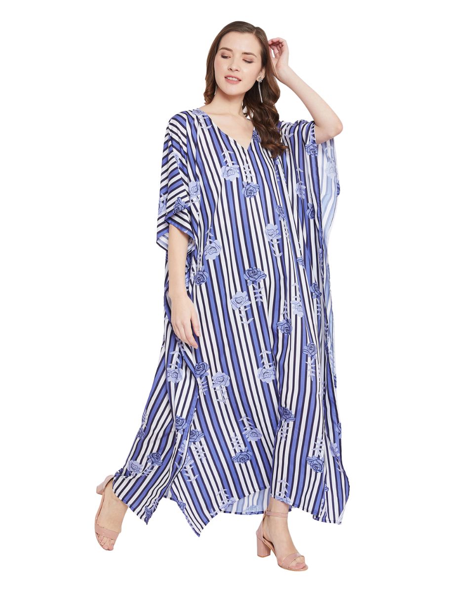 Floral And Strip Print Blue And white Polyester Kaftan For Plus Size Women