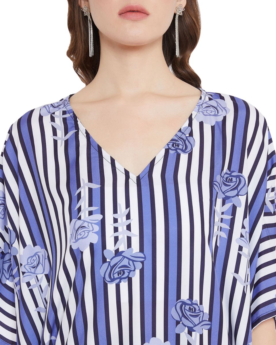 Floral And Strip Print Blue And white Polyester Kaftan For Plus Size Women