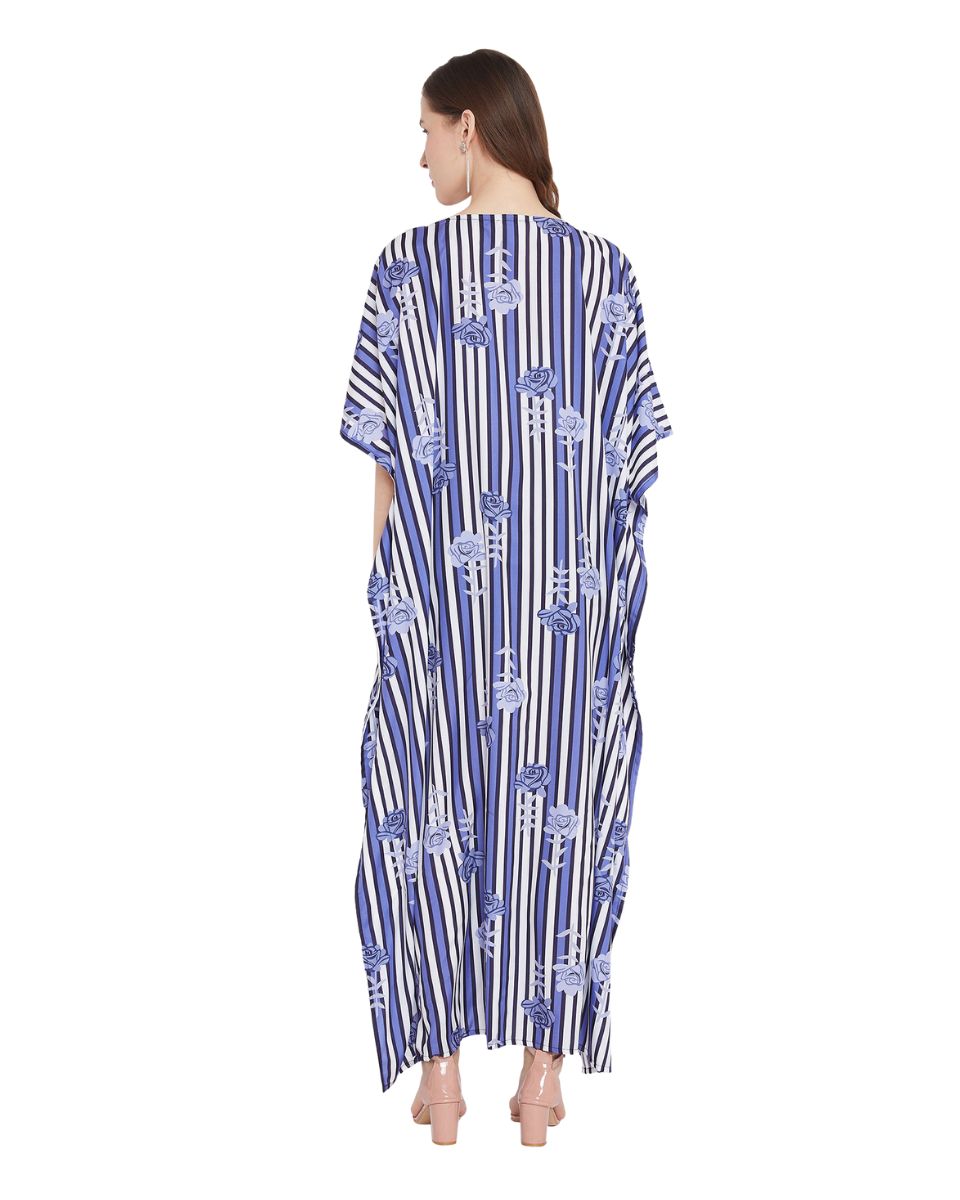 Floral And Strip Print Blue And white Polyester Kaftan For Plus Size Women