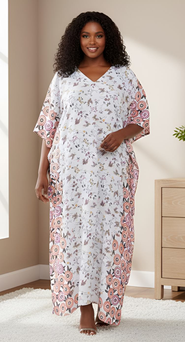 Floral Printed White Polyester Kaftan Plus Size Dress For Women