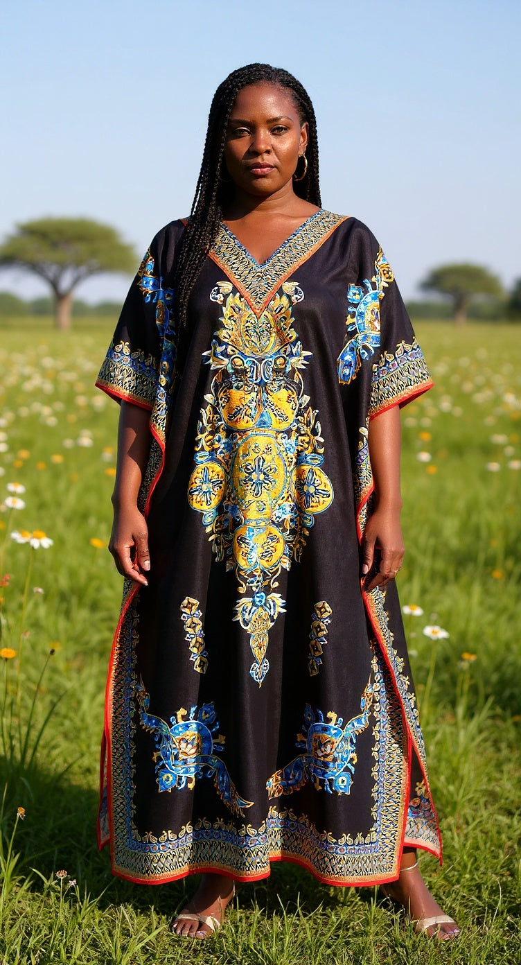 Paisley Printed Black Polyester Plus Size Kaftan Dress For Women