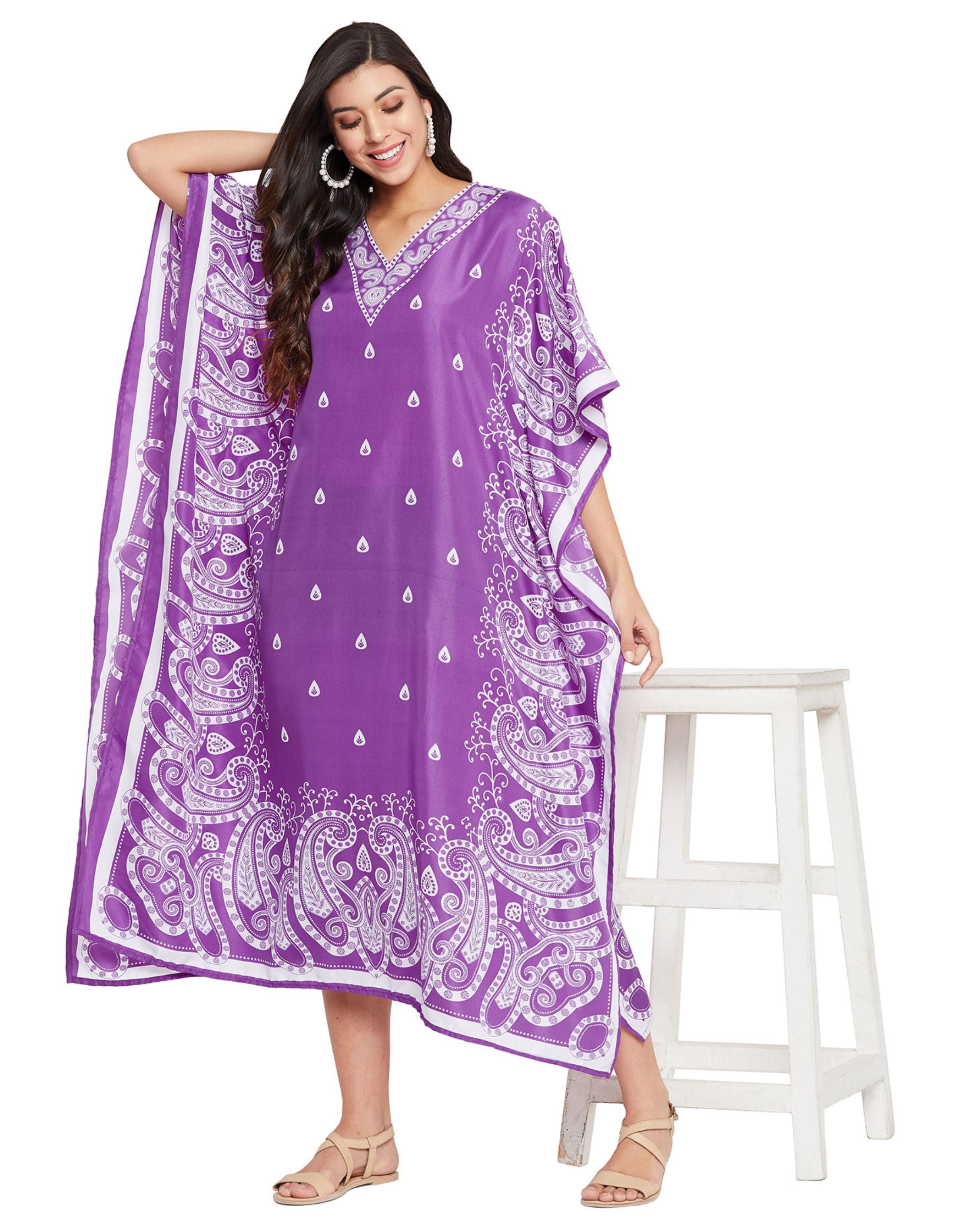 Paisley Printed Purple Polyester Kaftan Dress for Women