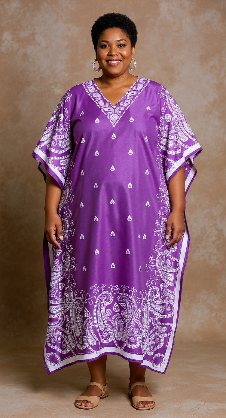 Paisley Printed Purple Polyester Plus Size Caftan Dress For Women
