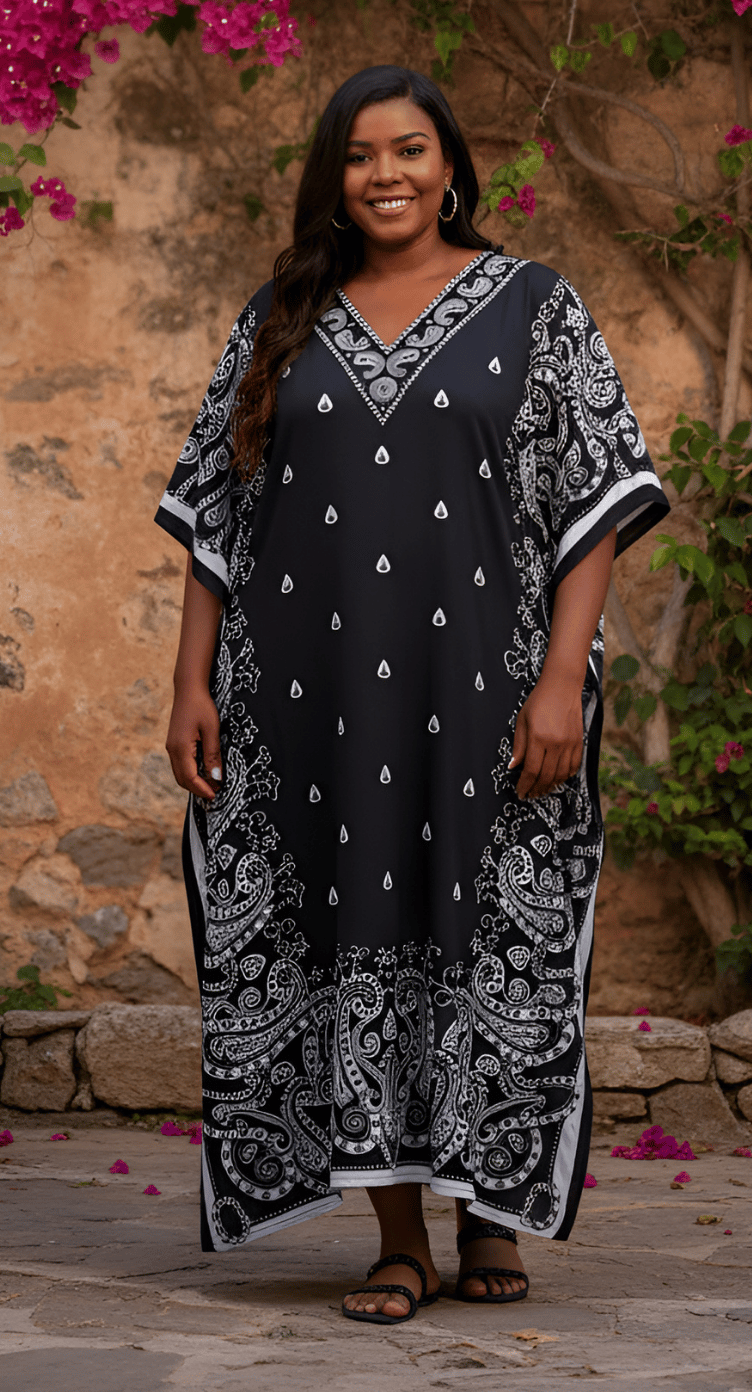Black and white paisley bandana print plus size kaftan with V-neck and bordered hem