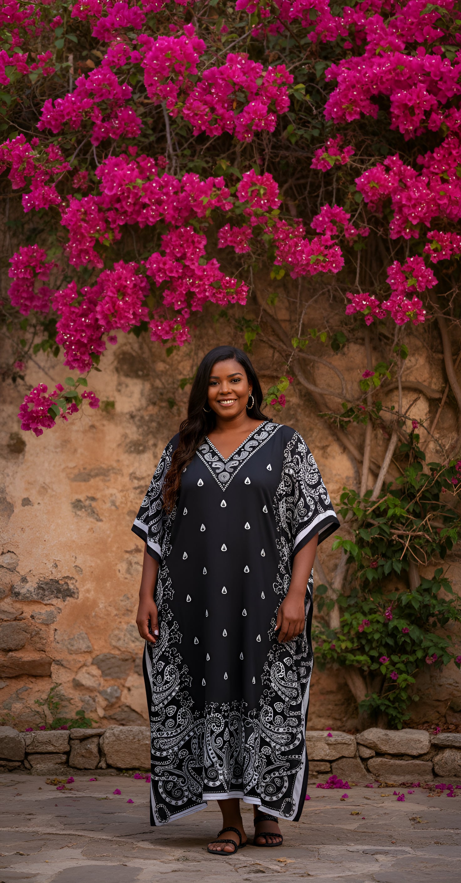 Paisley Printed Black Polyester Plus Size Kaftan Dress For Women